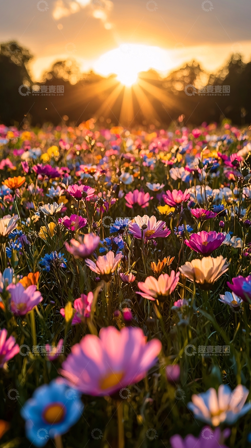 高清大图下载【趣麦麦图】多彩野花在夕阳下