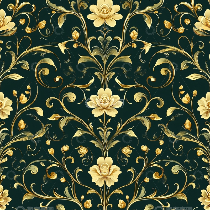 高清大图下载【趣麦麦图】金色花卉对称图案