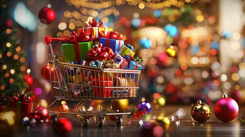 高清大图下载【趣麦麦图】圣诞购物季购物车礼物