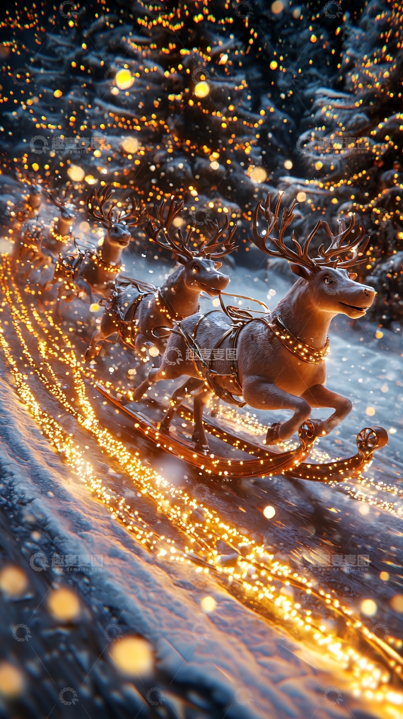 高清大图下载【趣麦麦图】圣诞驯鹿雪橇