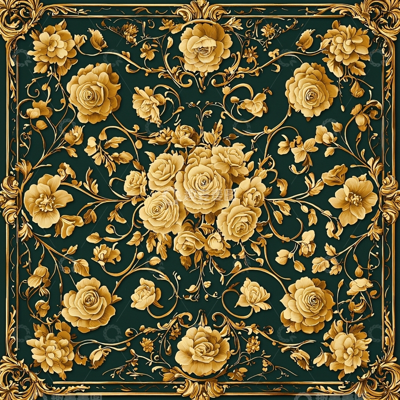 高清大图下载【趣麦麦图】金色花卉与深色背景的图案