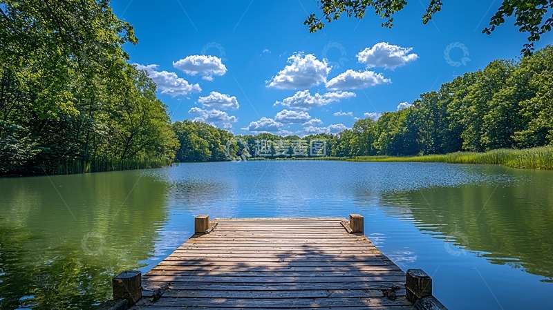 高清大图下载【趣麦麦图】湖光山色下的木质码头