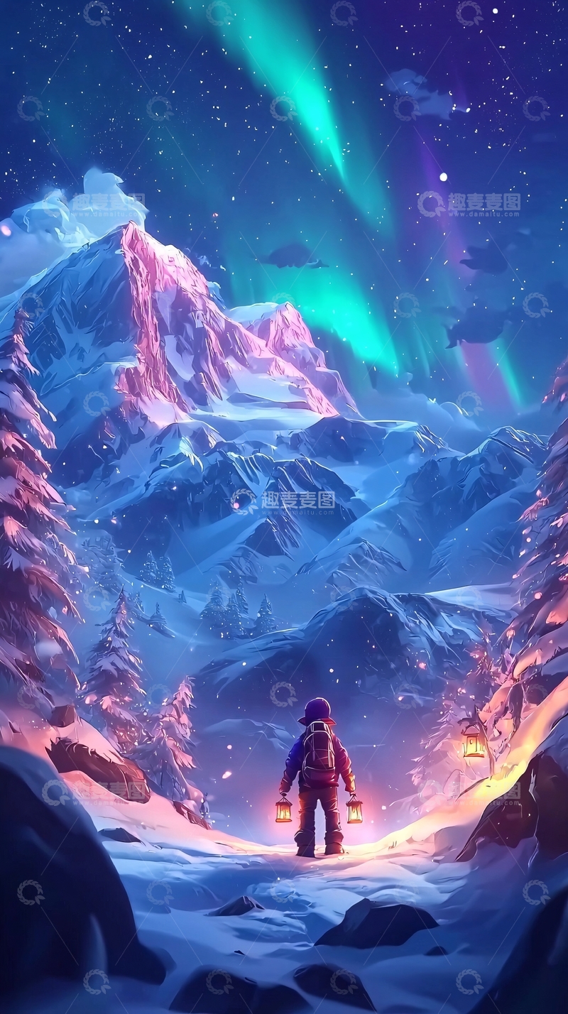 高清大图下载【趣麦麦图】极光下的雪山和孤独的旅行者