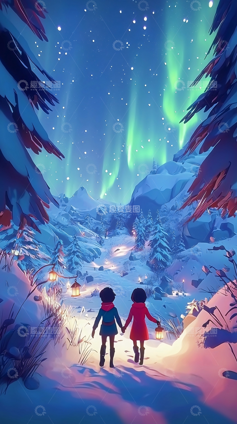 高清大图下载【趣麦麦图】极光下的雪地姐妹
