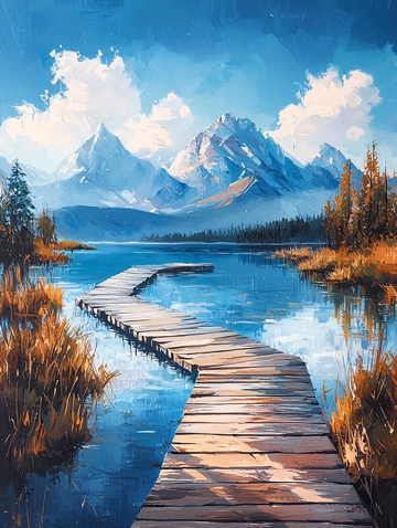 湖面栈桥远山如画