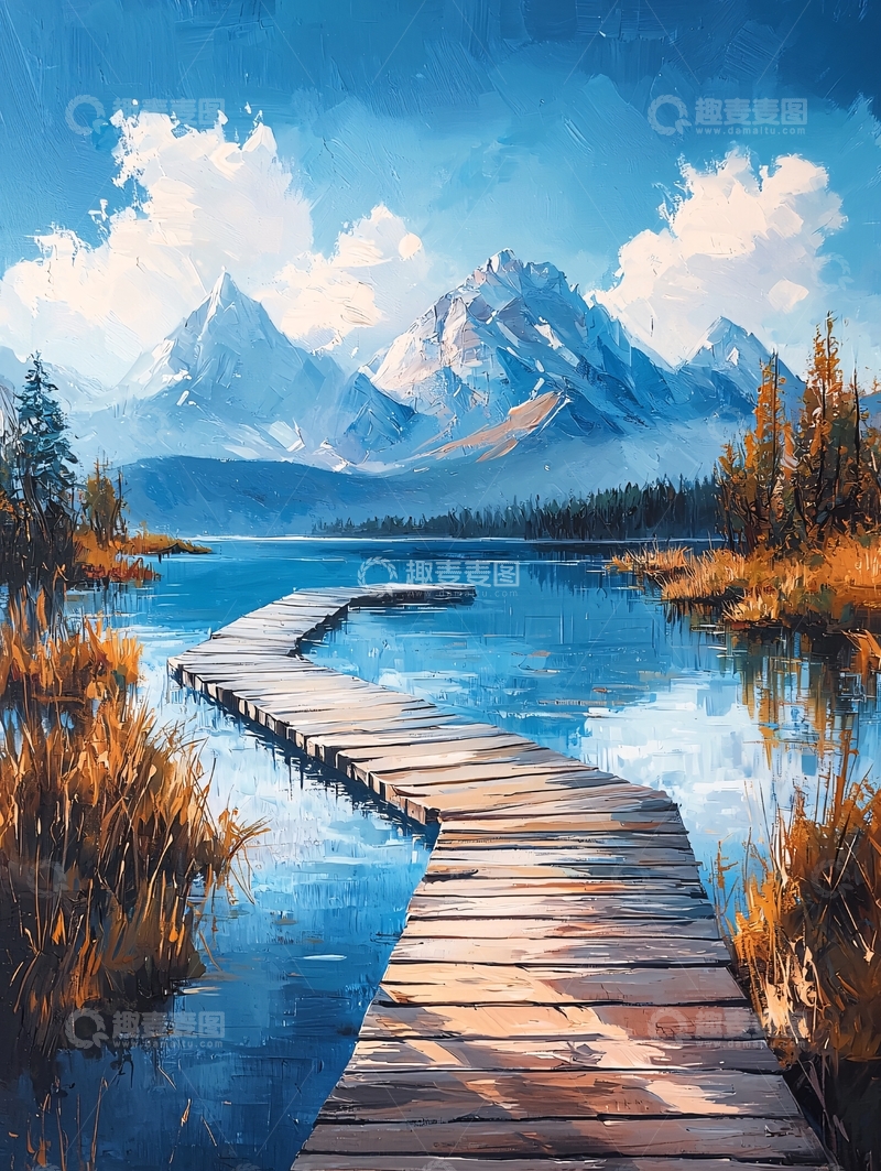 高清大图下载【趣麦麦图】湖面栈桥远山如画