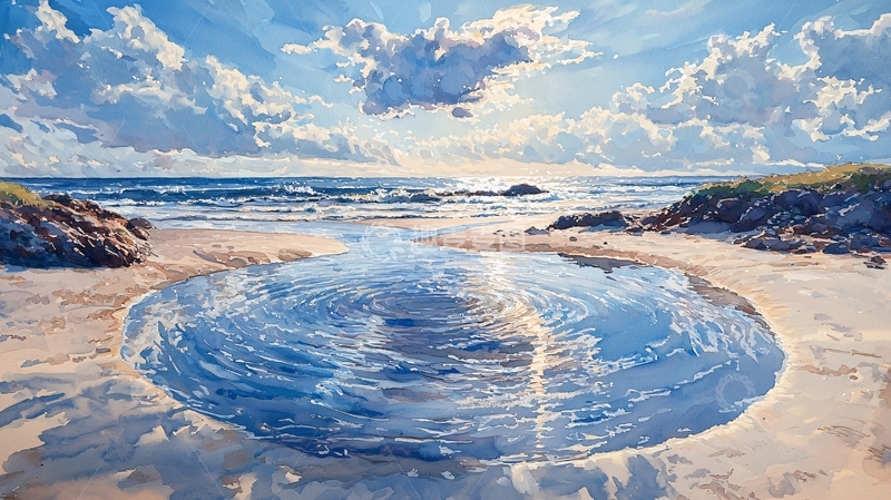 高清大图下载【趣麦麦图】沙滩上的蓝色水洼