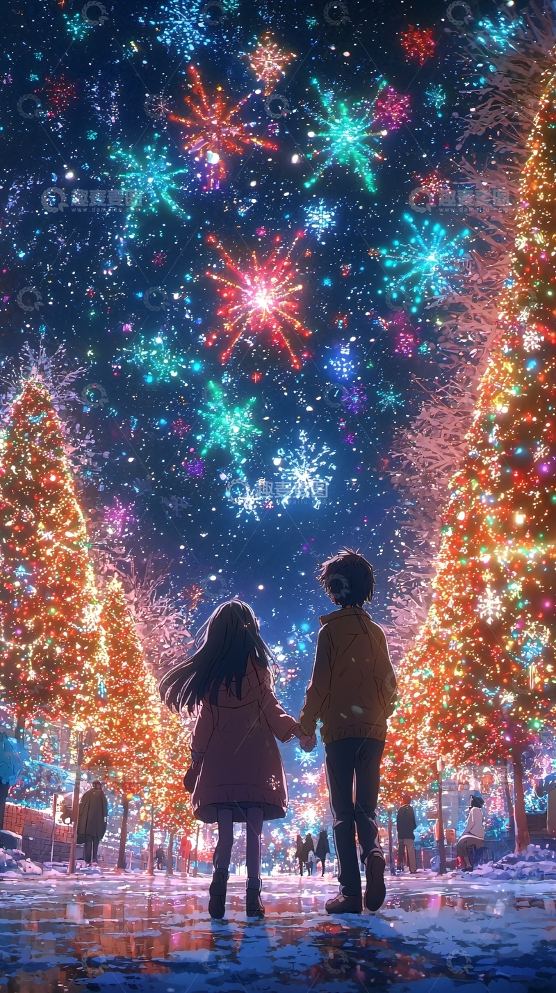 高清大图下载【趣麦麦图】圣诞夜烟火下的情侣