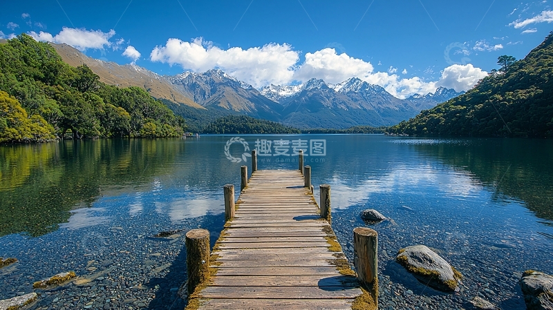 高清大图下载【趣麦麦图】湖光山色下的木质栈桥