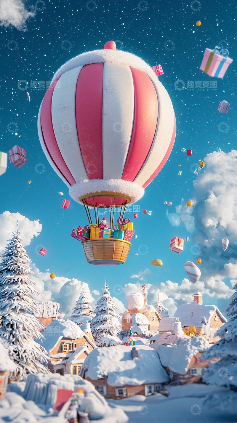 高清大图下载【趣麦麦图】圣诞热气球礼物雪景