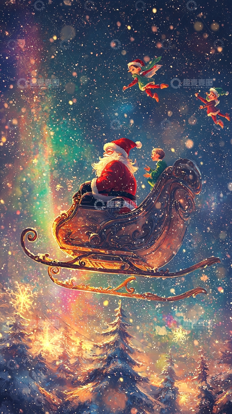 高清大图下载【趣麦麦图】圣诞老人雪橇飞天