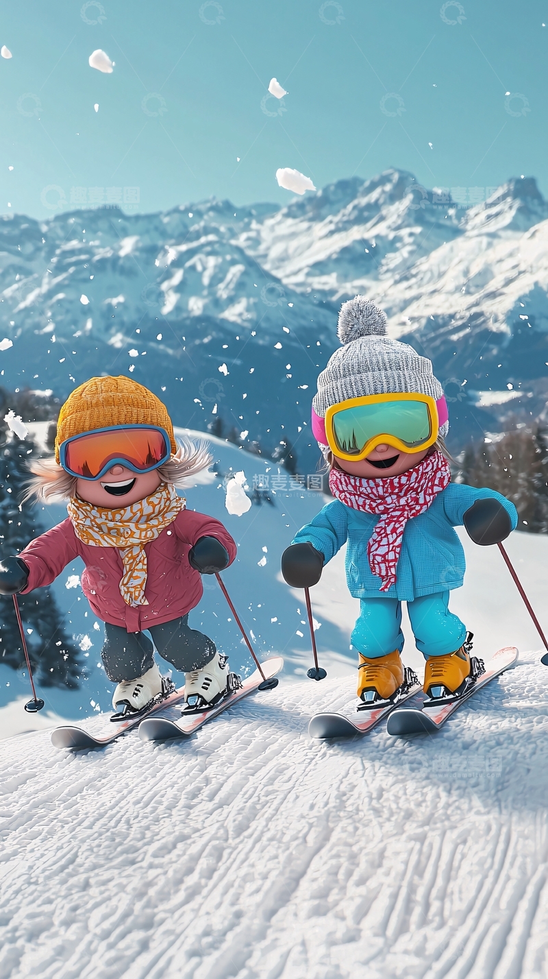 高清大图下载【趣麦麦图】卡通滑雪儿童