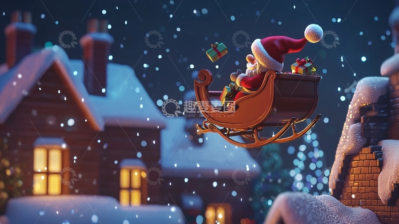 高清大图下载【趣麦麦图】圣诞老人雪橇飞屋顶