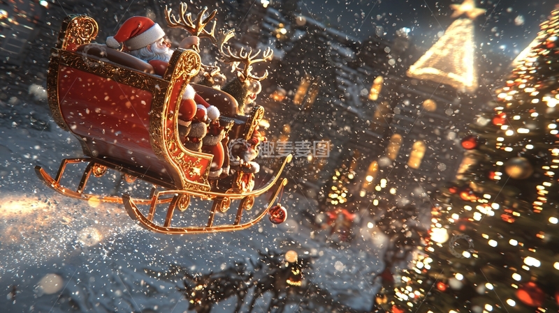 高清大图下载【趣麦麦图】圣诞老人雪橇飞过圣诞树