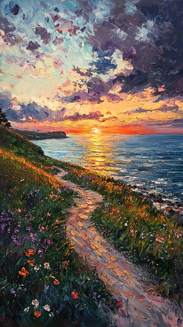 海边日落的油画小路