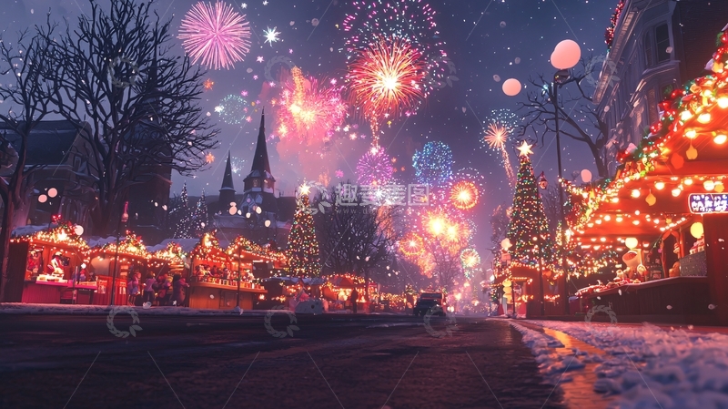 高清大图下载【趣麦麦图】夜晚圣诞节烟火秀