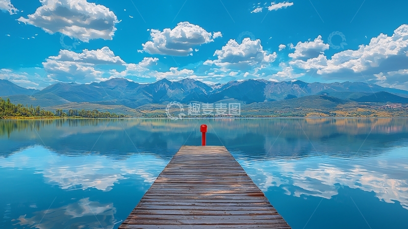 高清大图下载【趣麦麦图】宁静湖面雪山下的孤独身影