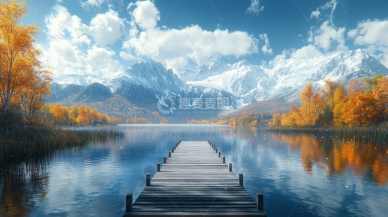 高清大图下载【趣麦麦图】宁静湖畔雪山秋景