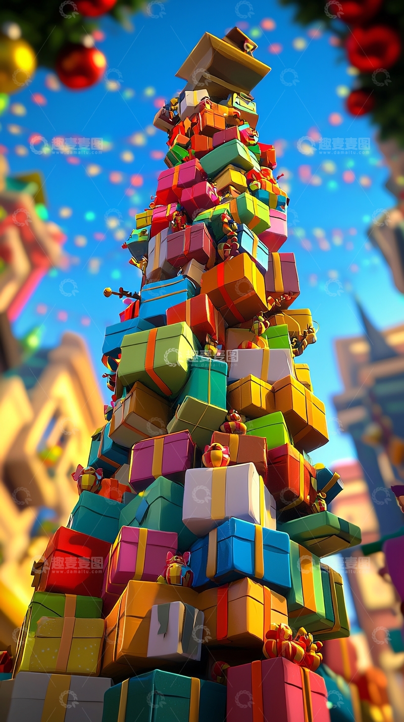 高清大图下载【趣麦麦图】彩色礼物堆积如圣诞树