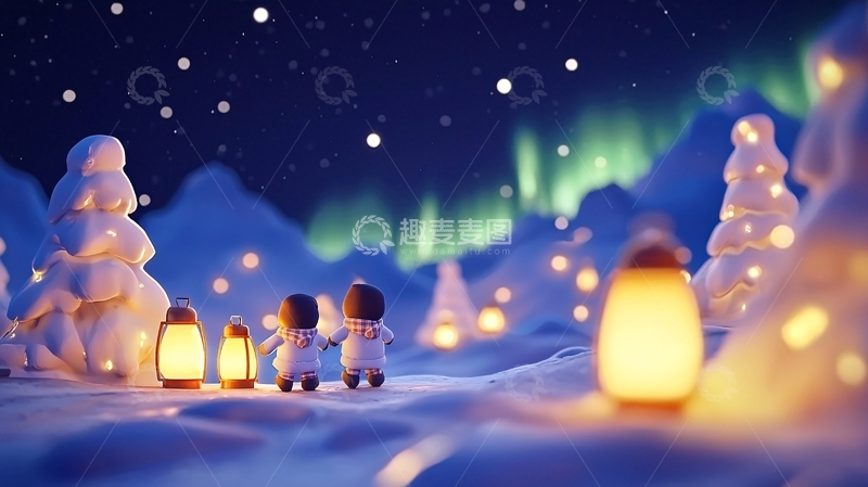 高清大图下载【趣麦麦图】极光下雪地里的小企鹅