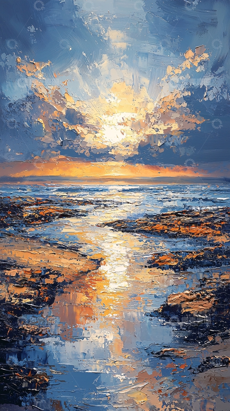 高清大图下载【趣麦麦图】夕阳下的海面与礁石