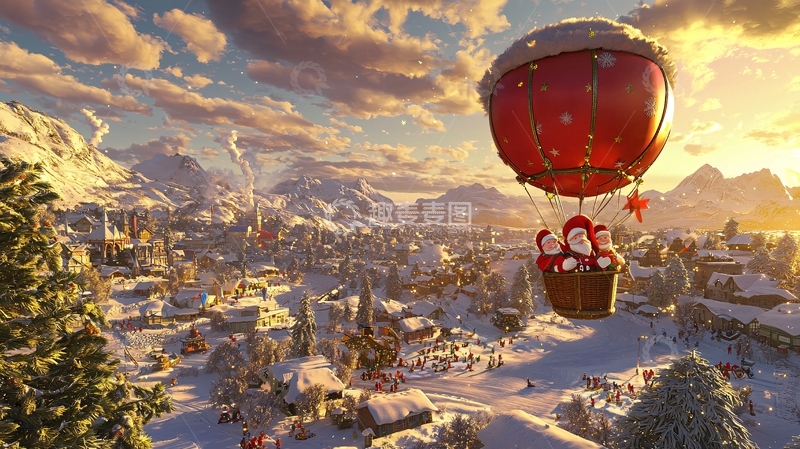 高清大图下载【趣麦麦图】圣诞老人热气球雪景