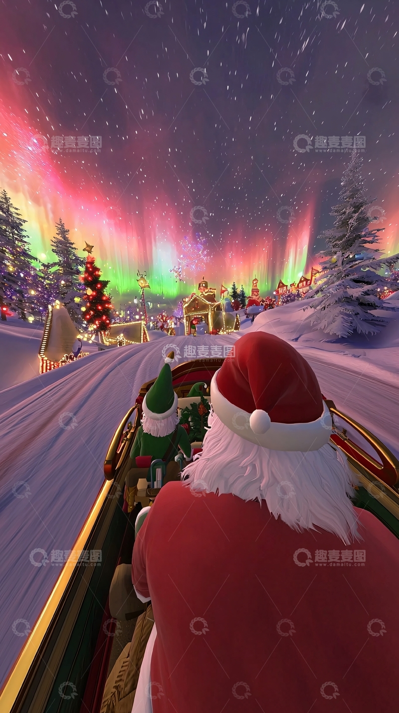 高清大图下载【趣麦麦图】圣诞老人雪橇极光