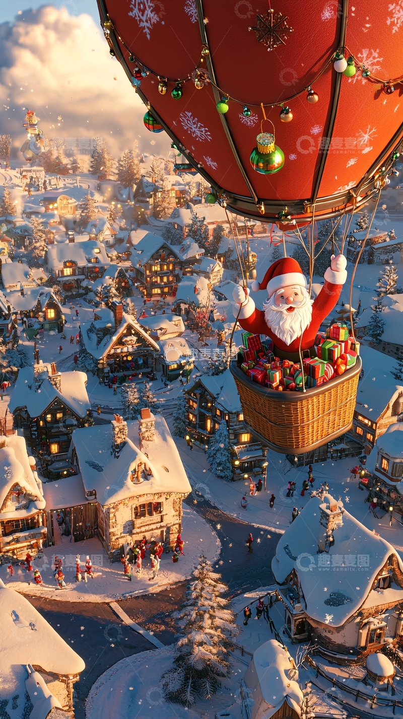 高清大图下载【趣麦麦图】圣诞老人热气球飞越雪镇
