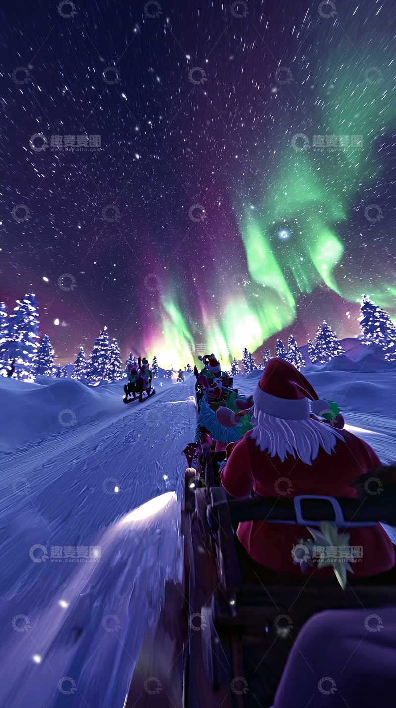 高清大图下载【趣麦麦图】圣诞老人雪橇极光