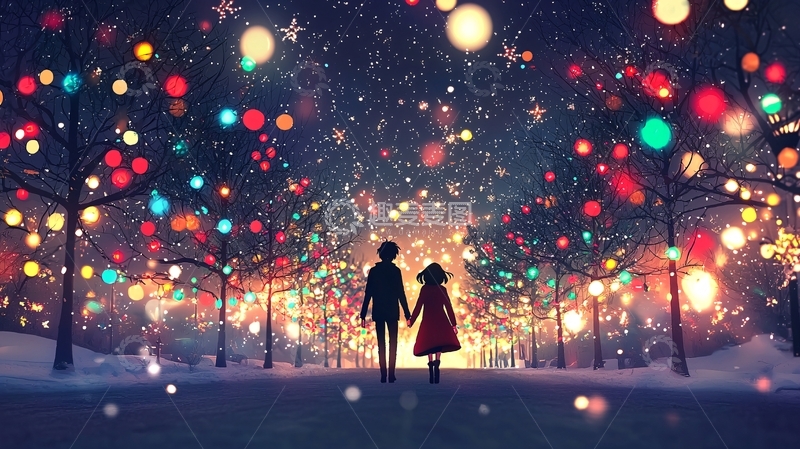 高清大图下载【趣麦麦图】冬夜雪景情侣漫步