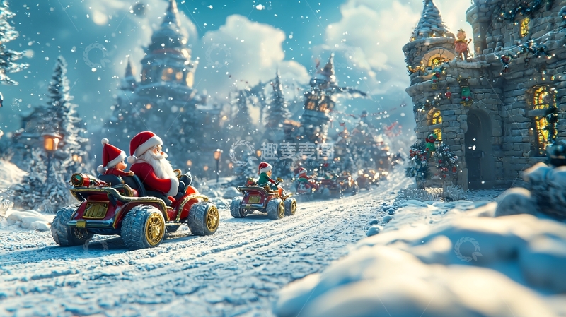 高清大图下载【趣麦麦图】圣诞老人雪地飙车