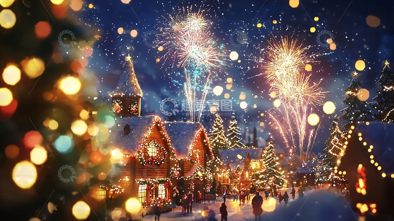 高清大图下载【趣麦麦图】圣诞节烟火小镇