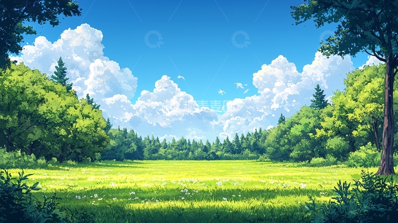 高清大图下载【趣麦麦图】卡通风景草地蓝天白云