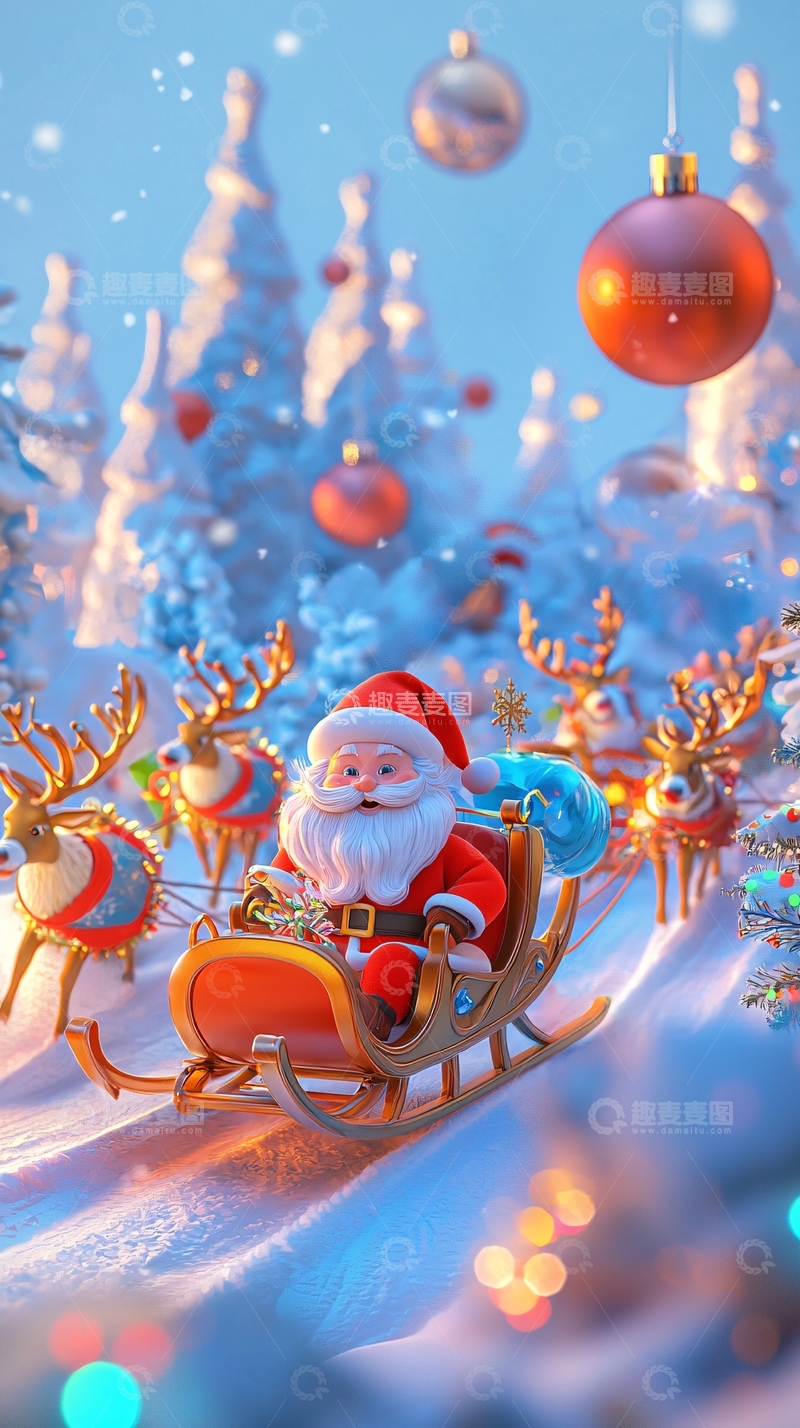 高清大图下载【趣麦麦图】圣诞老人雪橇驯鹿