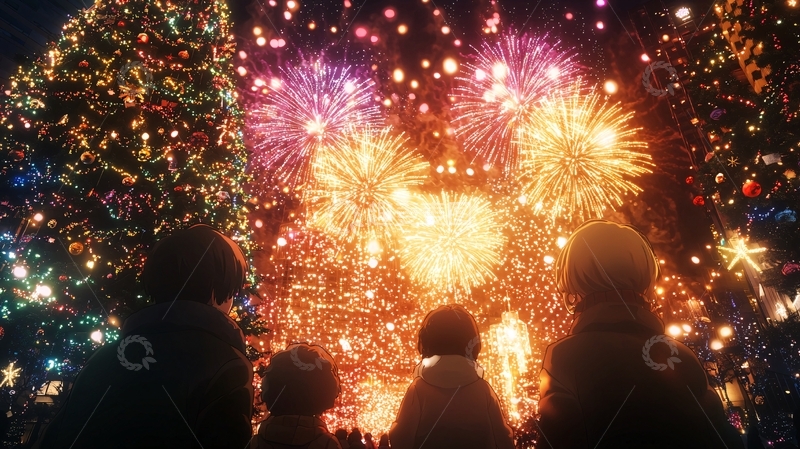 高清大图下载【趣麦麦图】绚丽烟花下的孩子们