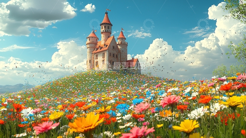 高清大图下载【趣麦麦图】鲜花盛开的山坡城堡