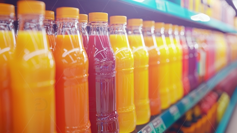 货架上整齐排列的果汁饮料