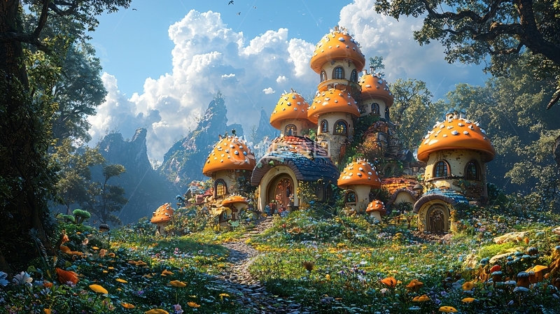 高清大图下载【趣麦麦图】蘑菇房子在森林里