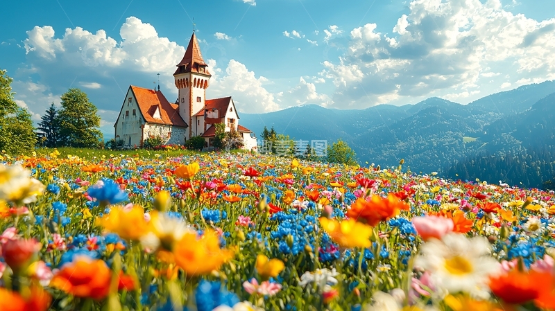 高清大图下载【趣麦麦图】鲜花盛开的童话城堡