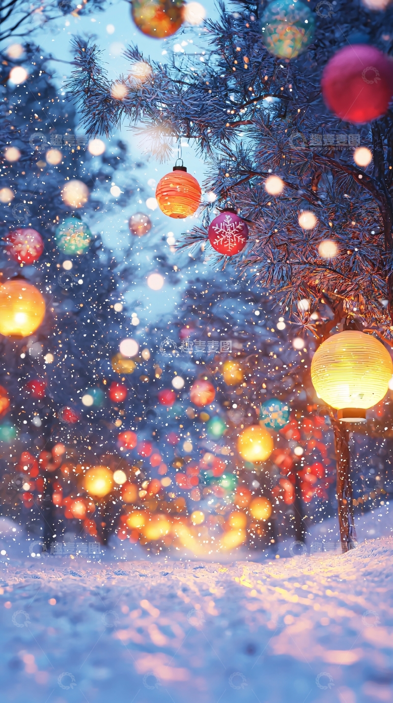 高清大图下载【趣麦麦图】冬日雪景彩灯街道