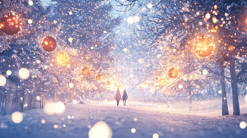 高清大图下载【趣麦麦图】冬日雪景情侣漫步
