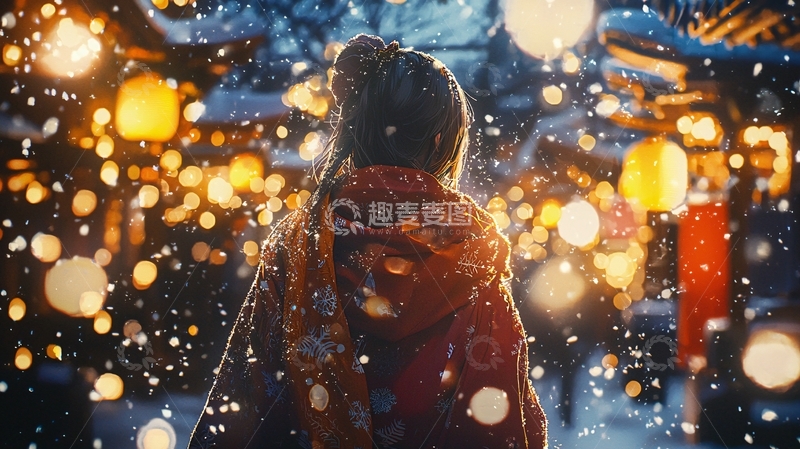 高清大图下载【趣麦麦图】雪夜古镇