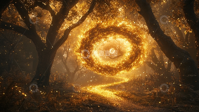 高清大图下载【趣麦麦图】森林中闪耀的金色魔法传送门