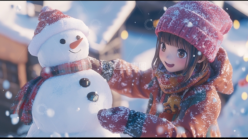 高清大图下载【趣麦麦图】冬日少女与雪人