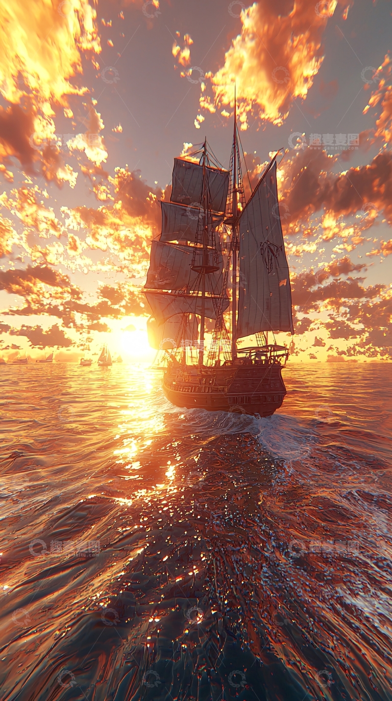 高清大图下载【趣麦麦图】航行在日落时分的帆船