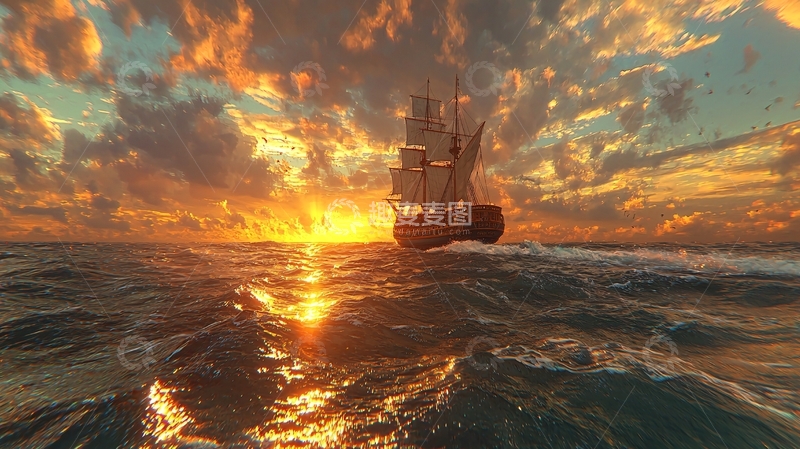 高清大图下载【趣麦麦图】夕阳下的帆船航行图