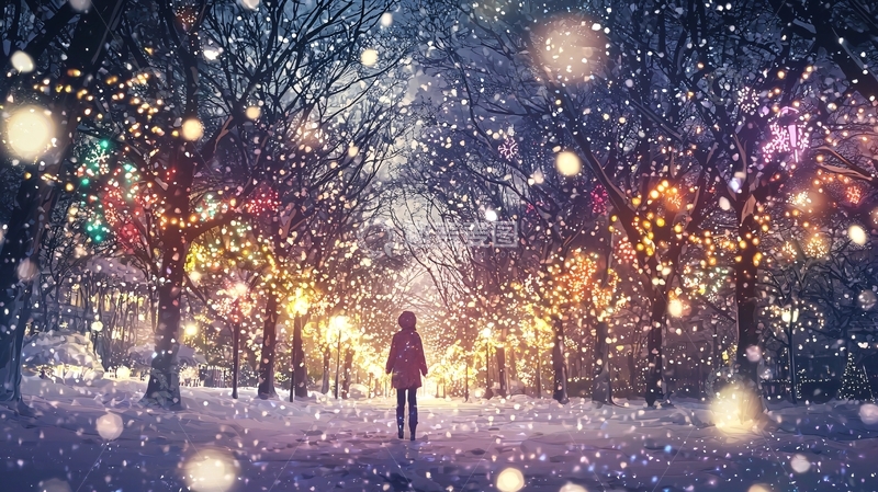 高清大图下载【趣麦麦图】冬夜雪景浪漫街道
