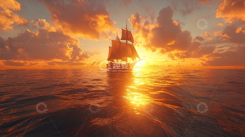 高清大图下载【趣麦麦图】夕阳下航行的帆船