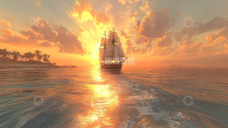 高清大图下载【趣麦麦图】海上帆船夕阳美景