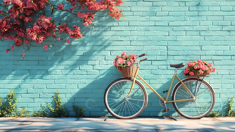 高清大图下载【趣麦麦图】自行车靠墙与繁花